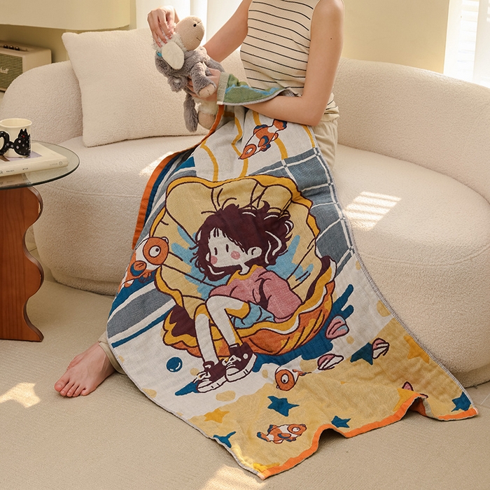 91家纺网 家纺一手货源 找家纺 雯雨家纺 2025新款亲肤可爱全棉A类纱布浴巾 海域