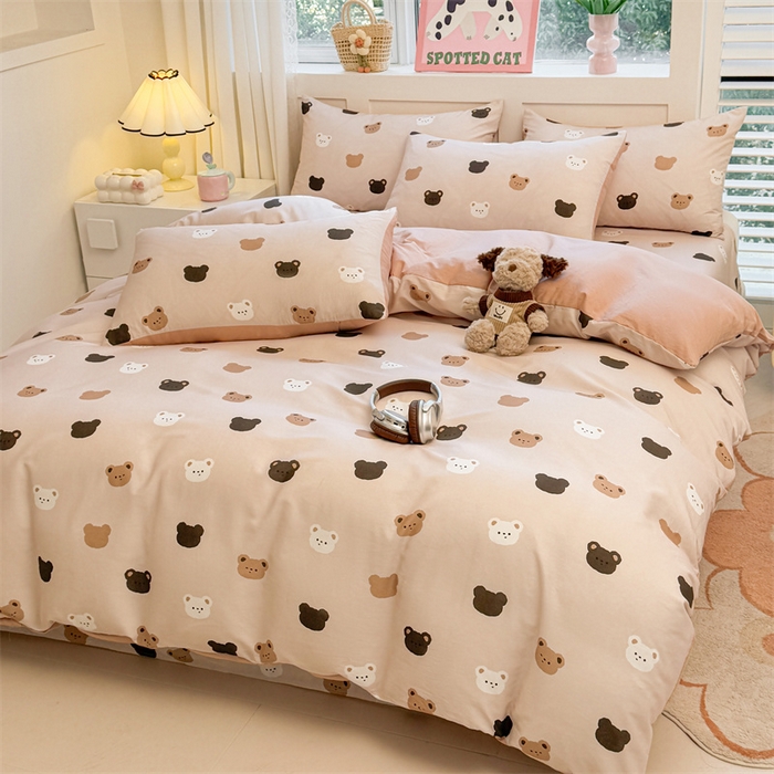 91家纺网 家纺一手货源 找家纺 雯豆2025春夏新款全棉纯棉被套三件套学生成人被罩 全棉被套-饼干熊