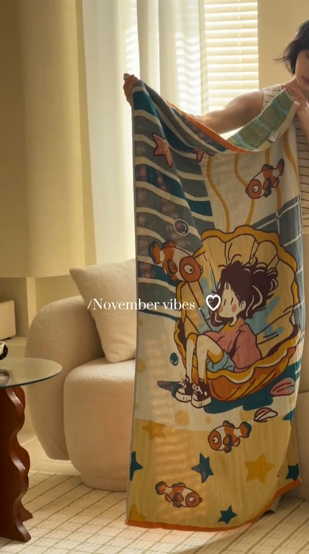 91家纺网 家纺一手货源 找家纺 雯雨家纺 2025新款亲肤可爱全棉A类纱布浴巾 海域