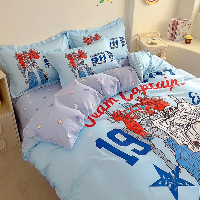 91家纺网 家纺一手货源 找家纺 浩诚 2025新款全棉大版卡通太空人宇航员小恐龙小汽车系列纯棉四件套-提供买家秀 机甲战士