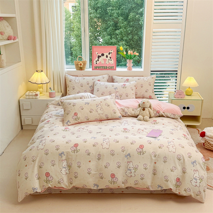 91家纺网 家纺一手货源 找家纺 雯豆2025春夏新款全棉纯棉被套三件套学生成人被罩 全棉被套-小兔乖乖