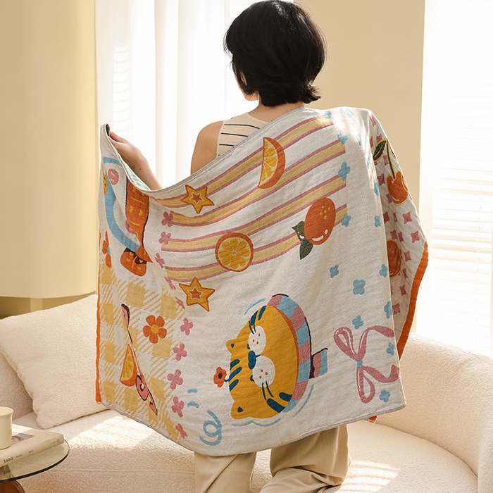 91家纺网 家纺一手货源 找家纺 雯雨家纺 2025新款亲肤可爱全棉A类纱布浴巾 笑脸猫