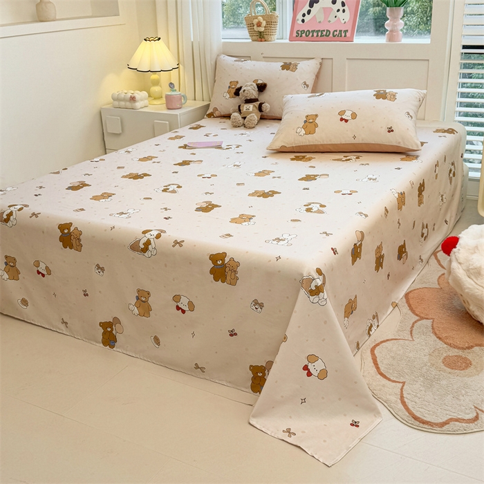 91家纺网 家纺一手货源 找家纺 雯豆2025春夏新款全棉床单三件套纯棉床罩小清新印花床单 全棉床单-小熊伙伴