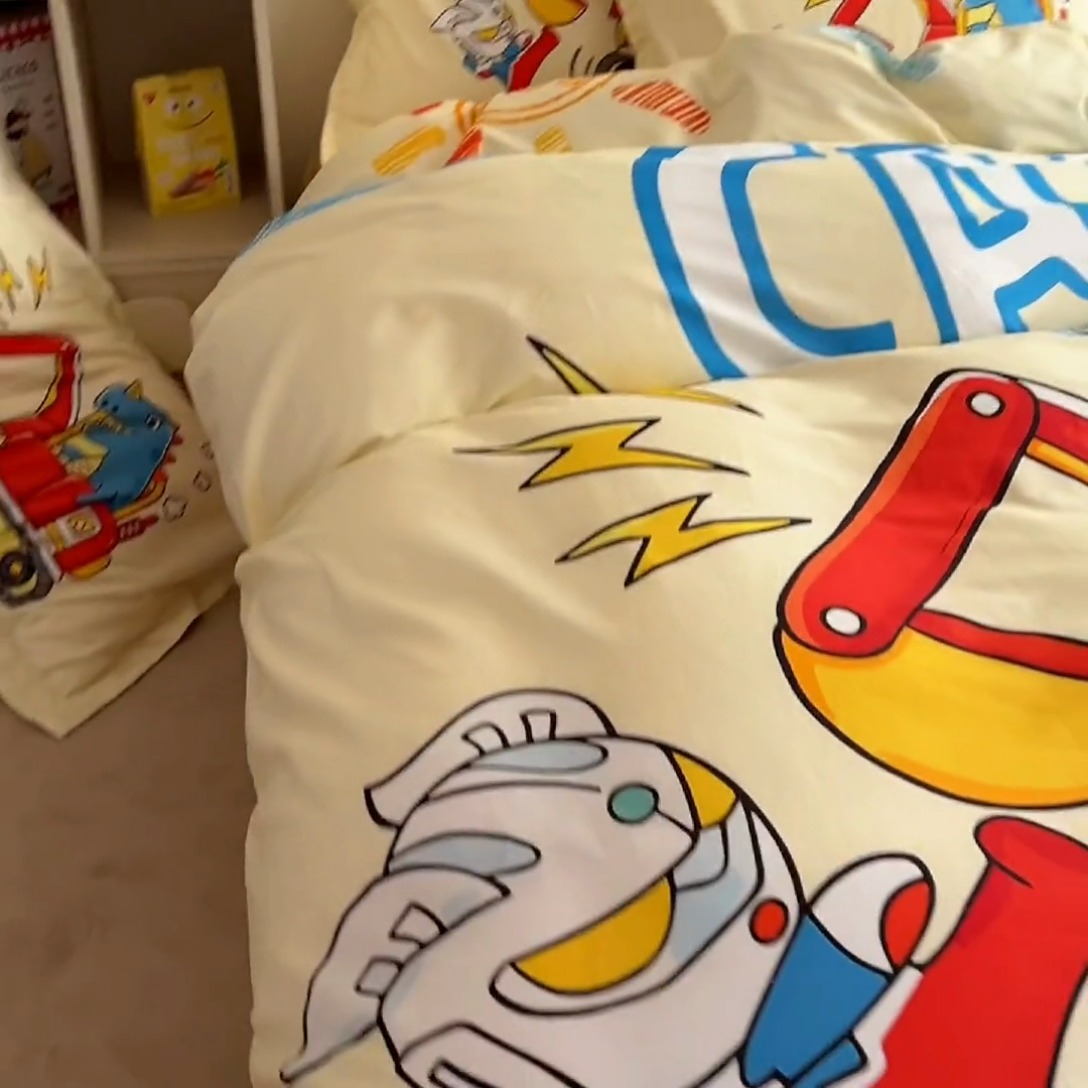 91家纺网 家纺一手货源 找家纺 浩诚 2025新款全棉大版卡通太空人宇航员小恐龙小汽车系列纯棉四件套-提供买家秀 恐龙挖掘机