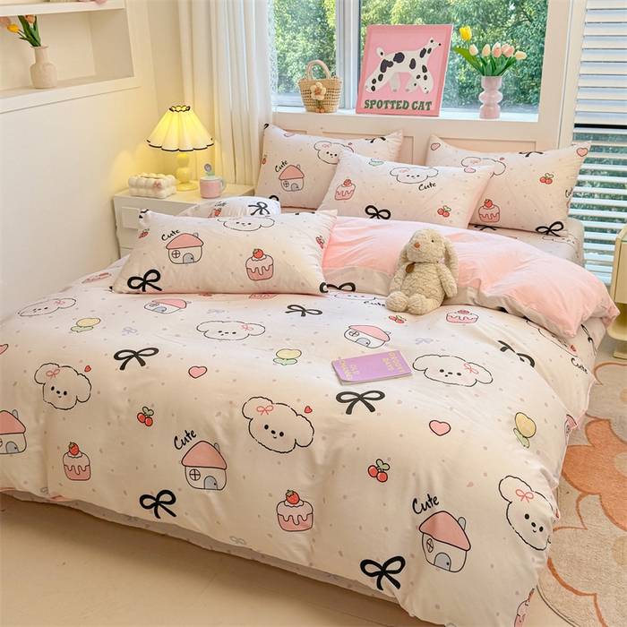 91家纺网 家纺一手货源 找家纺 雯豆2025春夏新款全棉纯棉被套三件套学生成人被罩 全棉被套-奶油蝴蝶结