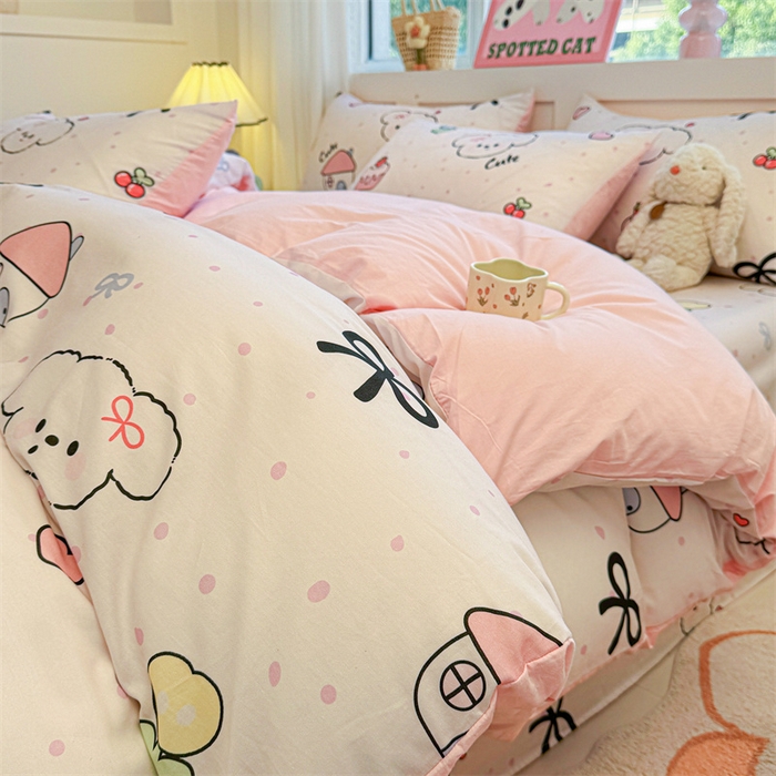 91家纺网 家纺一手货源 找家纺 雯豆2025春夏新款全棉纯棉被套三件套学生成人被罩 全棉被套-奶油蝴蝶结