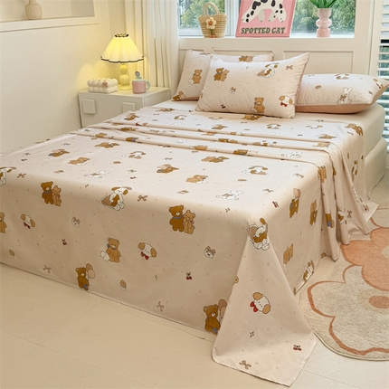 雯豆2025春夏新款全棉床单三件套纯棉床罩小清新印花床单 全棉床单-小熊伙伴