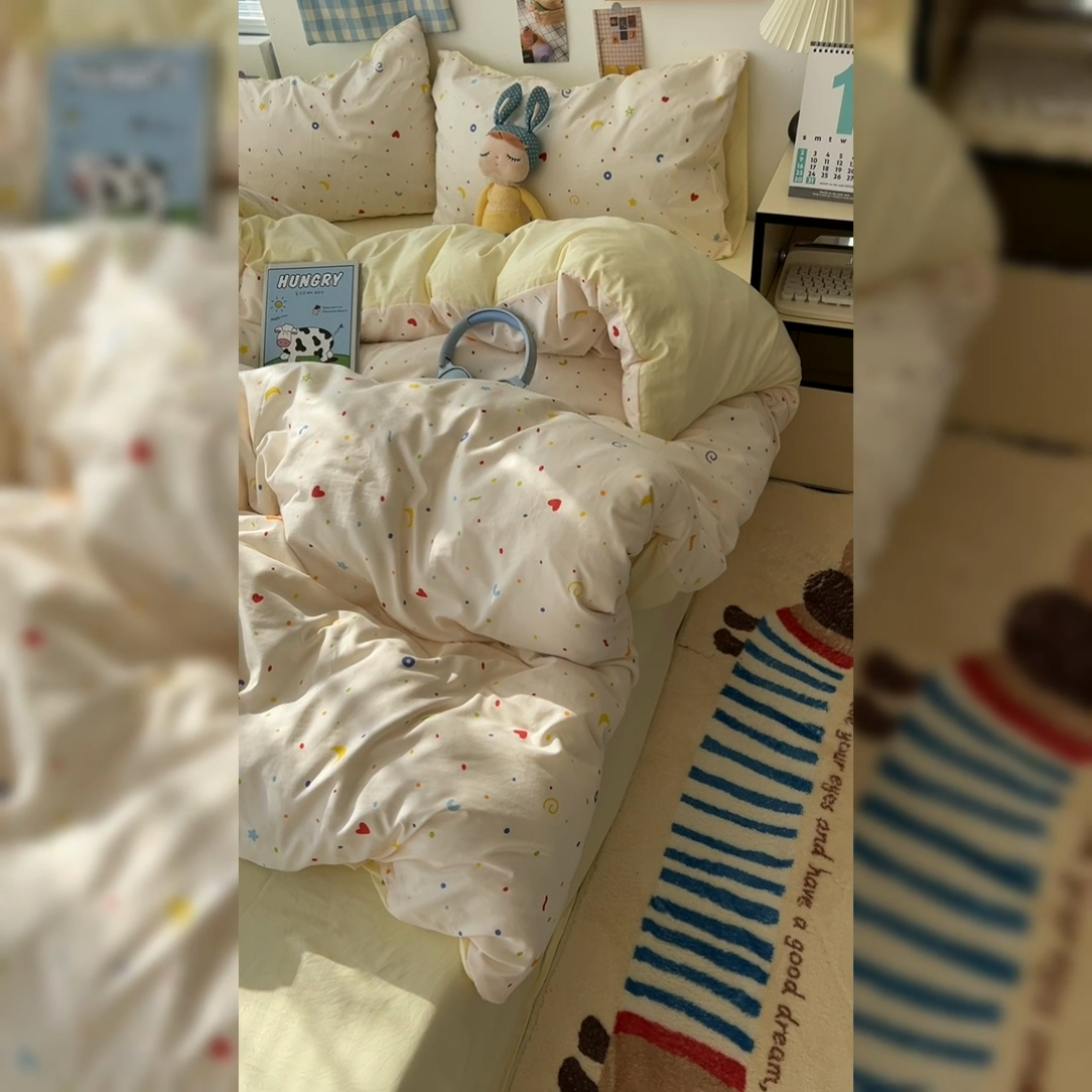 91家纺网 家纺一手货源 找家纺 原素 2025软绵绵的双拼印花水洗棉四件套 星星月亮