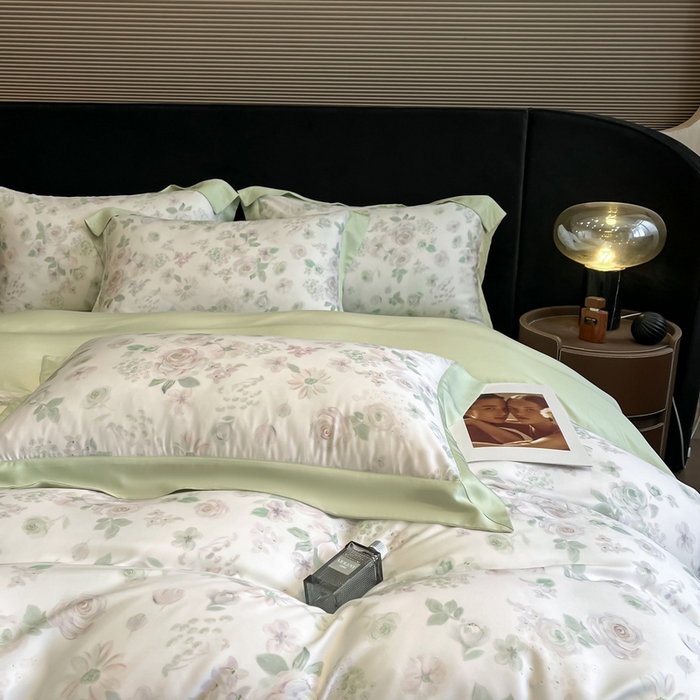 91家纺网 家纺一手货源 找家纺 慕晨 2025新款莱赛尔数码印宽边工艺四件套 念池-绿