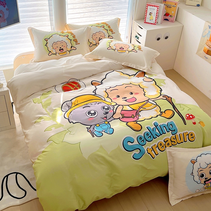 91家纺网 家纺一手货源 找家纺 （总）浩诚 2025新款正版喜羊羊灰太狼全棉卡通大版印花四件套（全）-提供买家秀