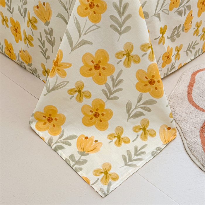 91家纺网 家纺一手货源 找家纺 雯豆2025春夏新款全棉床单三件套纯棉床罩小清新印花床单 全棉床单-暖阳