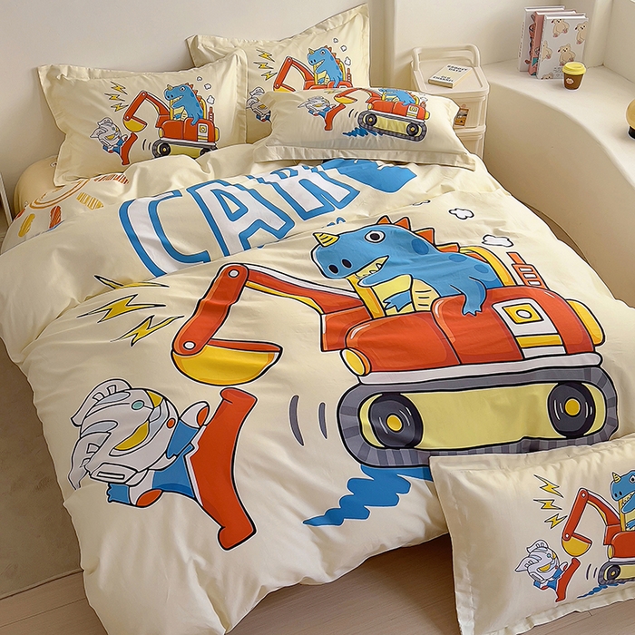 91家纺网 家纺一手货源 找家纺 浩诚 2025新款全棉大版卡通太空人宇航员小恐龙小汽车系列纯棉四件套-提供买家秀 恐龙挖掘机