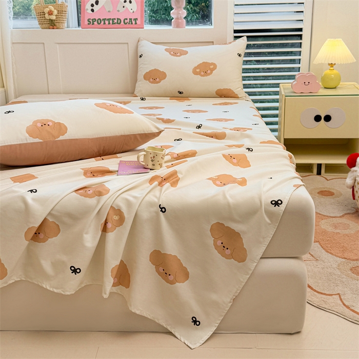 91家纺网 家纺一手货源 找家纺 雯豆2025春夏新款全棉床单三件套纯棉床罩小清新印花床单 全棉床单-汪星领袖