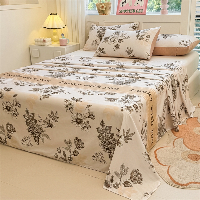 91家纺网 家纺一手货源 找家纺 雯豆2025春夏新款全棉床单三件套纯棉床罩小清新印花床单 全棉床单-蔓秋