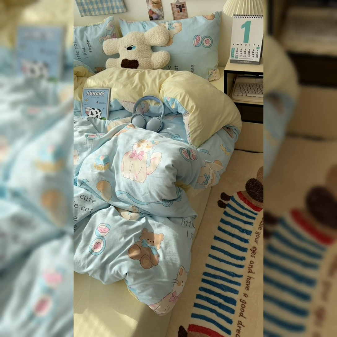 91家纺网 家纺一手货源 找家纺 原素 2025软绵绵的双拼印花水洗棉四件套 爱笑的猫咪