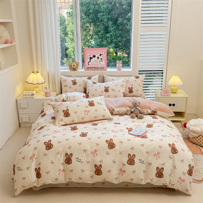 91家纺网 家纺一手货源 找家纺 雯豆2025春夏新款全棉纯棉被套三件套学生成人被罩 全棉被套-精灵兔