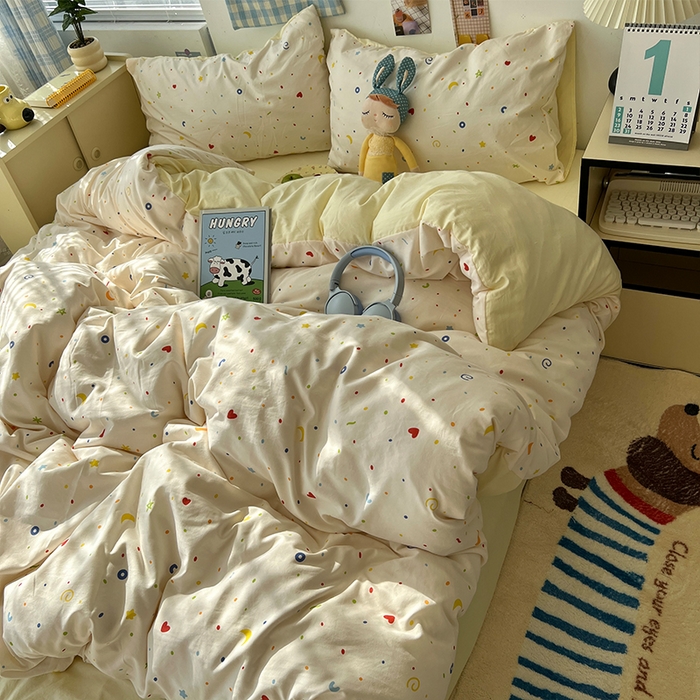 91家纺网 家纺一手货源 找家纺 原素 2025软绵绵的双拼印花水洗棉四件套 星星月亮