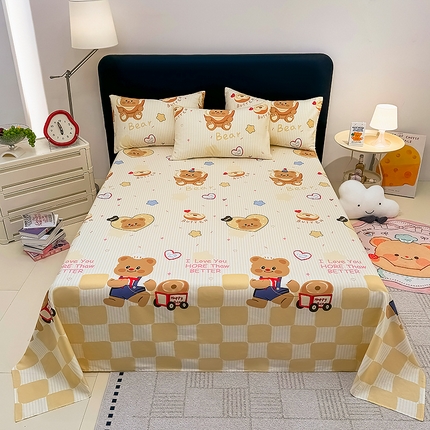 91家纺网 家纺一手货源 找家纺 木堇家居  2025新款春夏全棉小清新卡通床单床笠枕套单品系列-床单系列 黄油面包熊