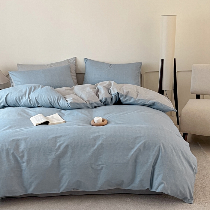 91家纺网 家纺一手货源 找家纺 涵宸家纺 2025新款全棉印花良品系列四件套 云纹-兰浅灰