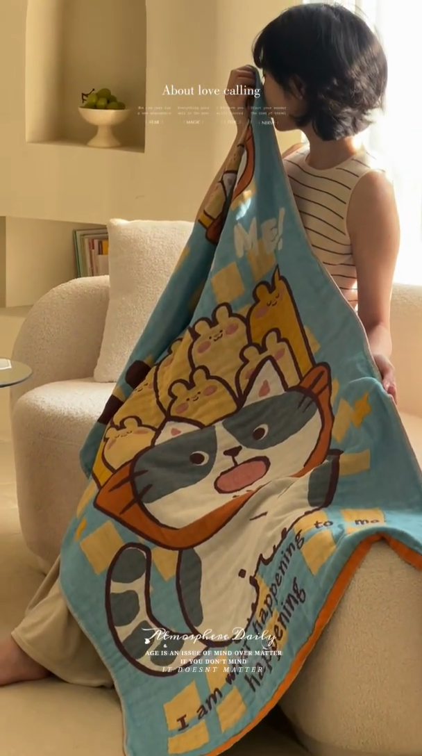 91家纺网 家纺一手货源 找家纺 雯雨家纺 2025新款亲肤可爱全棉A类纱布浴巾 招财进宝