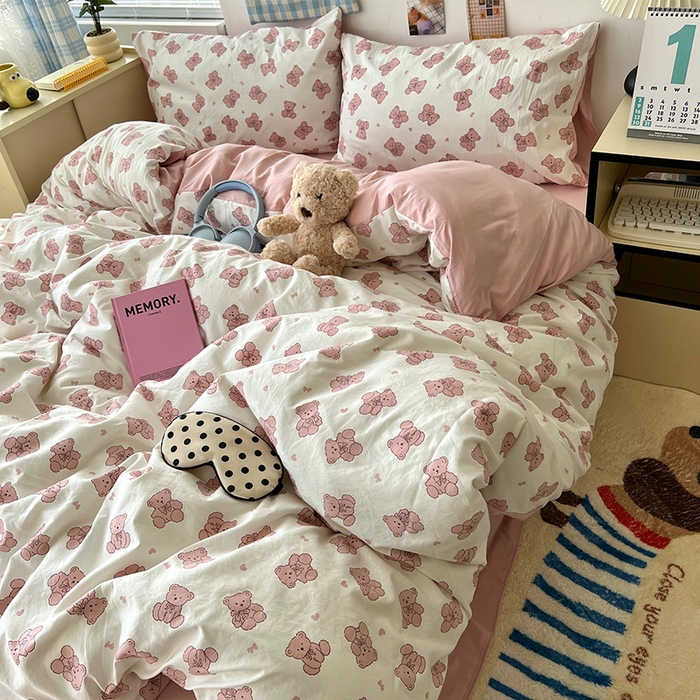 91家纺网 家纺一手货源 找家纺 原素 2025软绵绵的双拼印花水洗棉四件套 韩系熊熊子