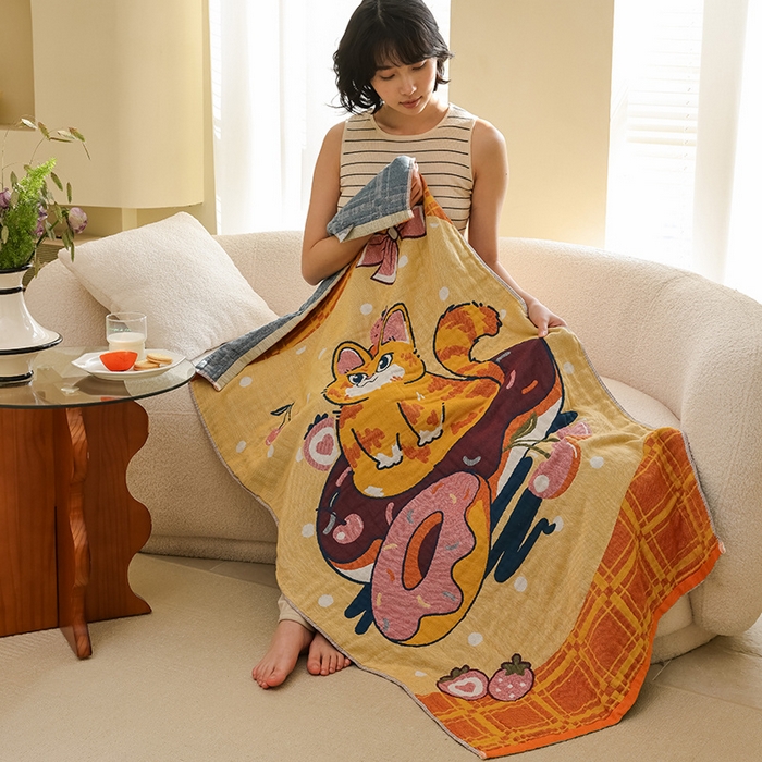 91家纺网 家纺一手货源 找家纺 雯雨家纺 2025新款亲肤可爱全棉A类纱布浴巾 好运小猫