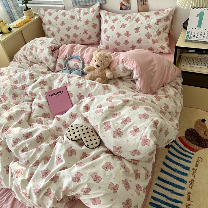 91家纺网 家纺一手货源 找家纺 原素 2025软绵绵的双拼印花水洗棉四件套 韩系熊熊子