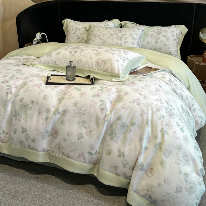 91家纺网 家纺一手货源 找家纺 慕晨 2025新款莱赛尔数码印宽边工艺四件套 念池-绿