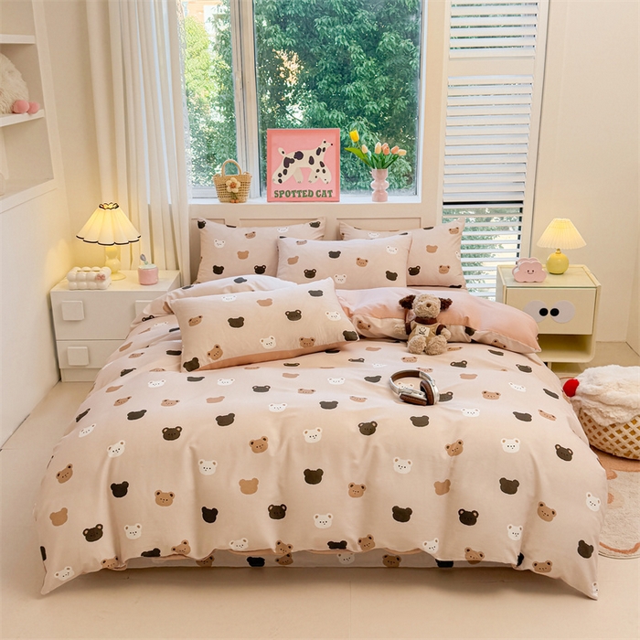 91家纺网 家纺一手货源 找家纺 雯豆2025春夏新款全棉纯棉被套三件套学生成人被罩 全棉被套-饼干熊