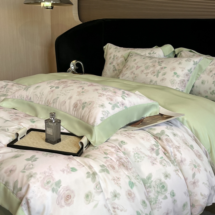 91家纺网 家纺一手货源 找家纺 慕晨 2025新款莱赛尔数码印宽边工艺四件套 念池-绿