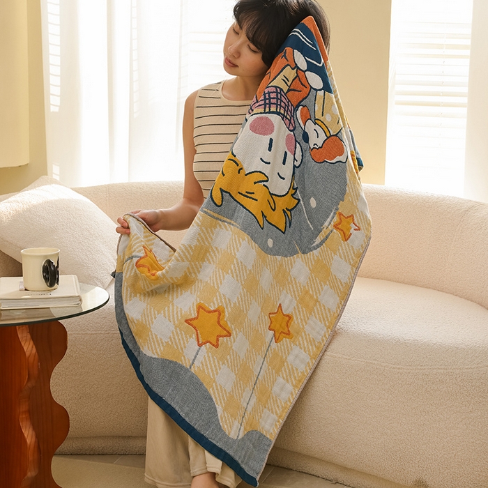 91家纺网 家纺一手货源 找家纺 雯雨家纺 2025新款亲肤可爱全棉A类纱布浴巾 漫画时光