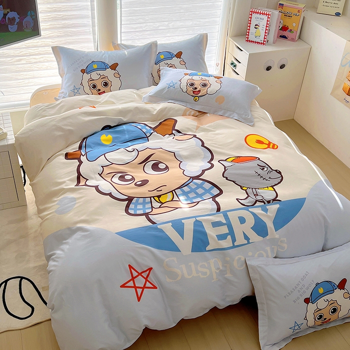 91家纺网 家纺一手货源 找家纺 浩诚 2025新款正版喜羊羊灰太狼全棉卡通大版印花四件套（全）-提供买家秀 羊羊乐