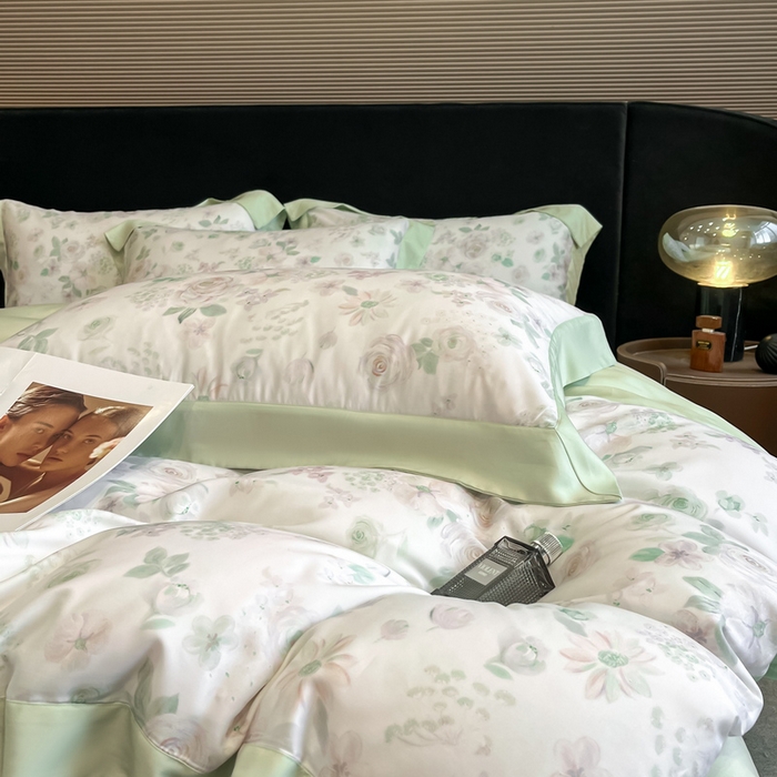 91家纺网 家纺一手货源 找家纺 慕晨 2025新款莱赛尔数码印宽边工艺四件套 念池-绿