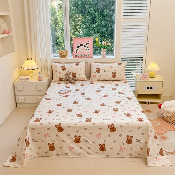 91家纺网 家纺一手货源 找家纺 雯豆2025春夏新款全棉床单三件套纯棉床罩小清新印花床单 全棉床单-精灵兔