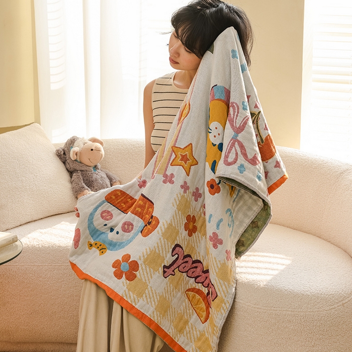 91家纺网 家纺一手货源 找家纺 雯雨家纺 2025新款亲肤可爱全棉A类纱布浴巾 笑脸猫