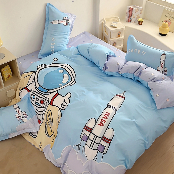 91家纺网 家纺一手货源 找家纺 浩诚 2025新款全棉大版卡通太空人宇航员小恐龙小汽车系列纯棉四件套-提供买家秀 神州之行