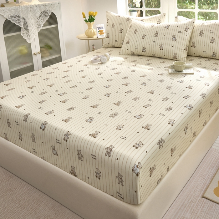 91家纺网 家纺一手货源 找家纺 木堇家居 2025新款春夏全棉小清新卡通床单床笠枕套单品系列-床笠系列 8  摩卡熊