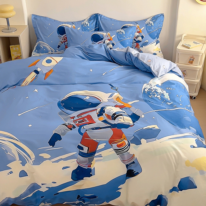 91家纺网 家纺一手货源 找家纺 浩诚 2025新款全棉大版卡通太空人宇航员小恐龙小汽车系列纯棉四件套-提供买家秀 独行月球