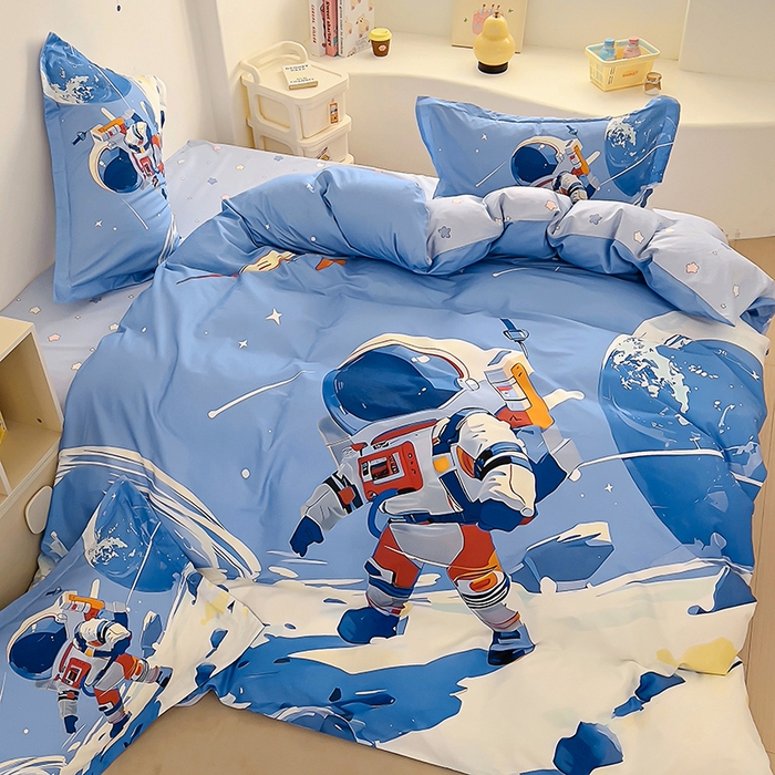 91家纺网 家纺一手货源 找家纺 浩诚 2025新款全棉大版卡通太空人宇航员小恐龙小汽车系列纯棉四件套-提供买家秀 独行月球