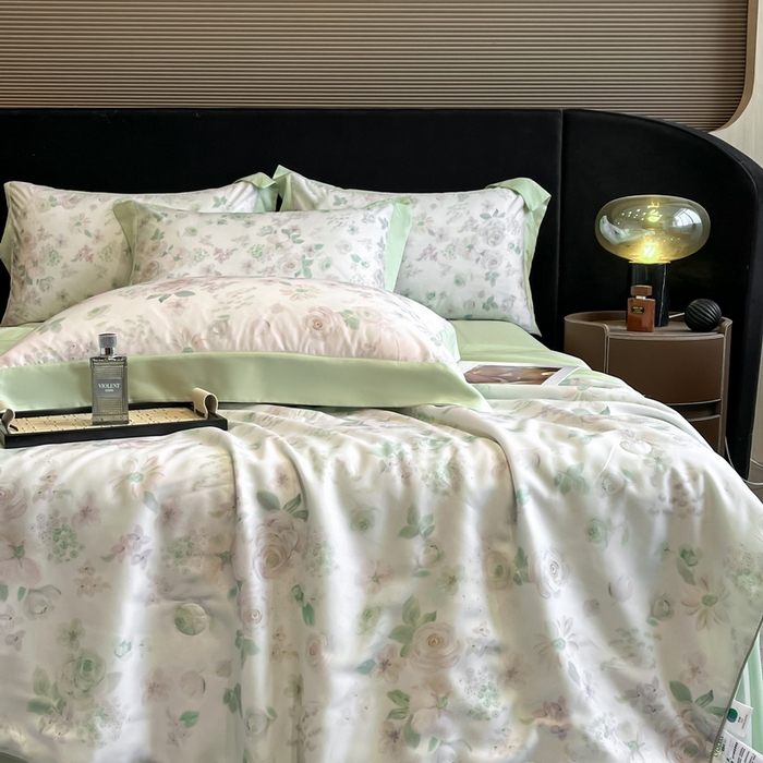 91家纺网 家纺一手货源 找家纺 慕晨 2025新款简奢款莱赛尔数码印夏被四件套 念池-绿