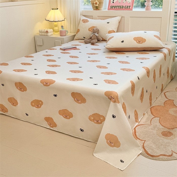 91家纺网 家纺一手货源 找家纺 雯豆2025春夏新款全棉床单三件套纯棉床罩小清新印花床单 全棉床单-汪星领袖