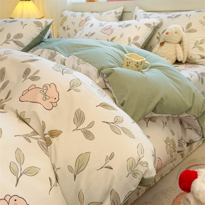 91家纺网 家纺一手货源 找家纺 雯豆2025春夏新款全棉纯棉被套三件套学生成人被罩 全棉被套-丛林兔