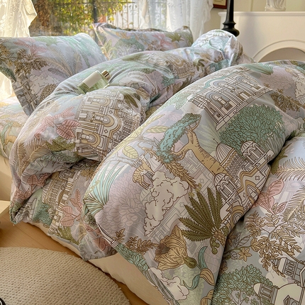 91家纺网 家纺一手货源 找家纺 （总）耀悦家纺 2025新款水洗真丝四件套简约印花小清新欧式ins新中式冰丝四件套