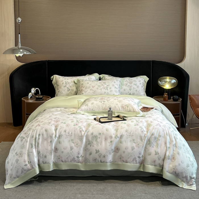 91家纺网 家纺一手货源 找家纺 慕晨 2025新款莱赛尔数码印宽边工艺四件套 念池-绿