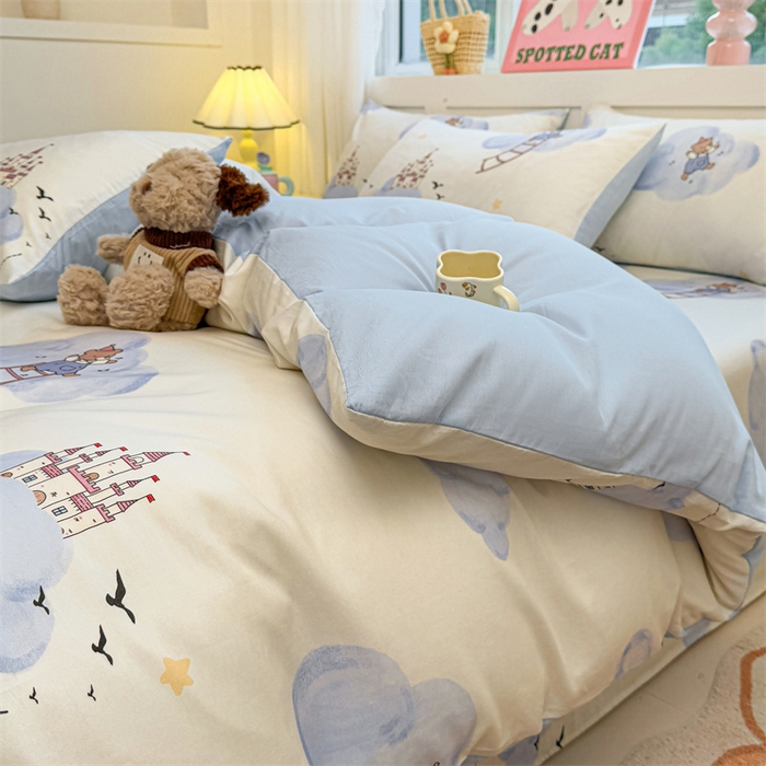 91家纺网 家纺一手货源 找家纺 雯豆2025春夏新款全棉纯棉被套三件套学生成人被罩 全棉被套-熊熊城堡