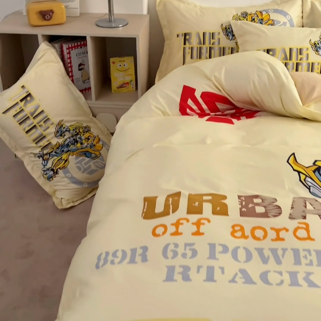 91家纺网 家纺一手货源 找家纺 浩诚 2025新款全棉大版卡通太空人宇航员小恐龙小汽车系列纯棉四件套-提供买家秀 百变黄蜂