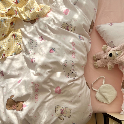 原素 2025软绵绵的双拼印花水洗棉四件套 爱吃懒猫