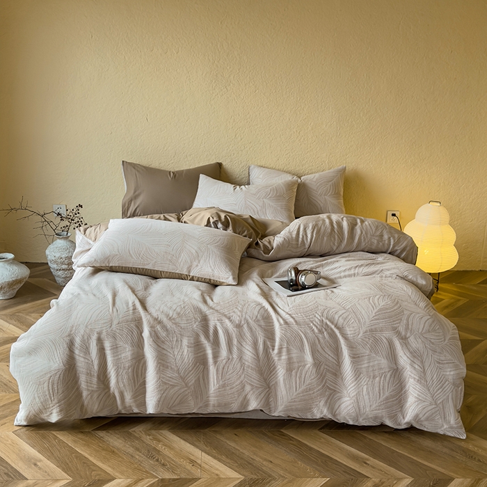 91家纺网 家纺一手货源 找家纺 琪格格2025款纯棉三层纱提花四件套（提供大量买家秀） 三层纱 叶舞