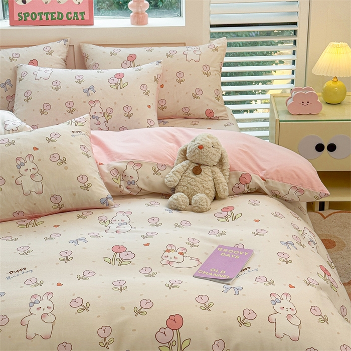 91家纺网 家纺一手货源 找家纺 雯豆2025春夏新款全棉纯棉被套三件套学生成人被罩 全棉被套-小兔乖乖