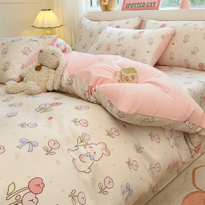 91家纺网 家纺一手货源 找家纺 雯豆2025春夏新款全棉纯棉被套三件套学生成人被罩 全棉被套-小兔乖乖